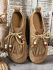 Women's Tassel Beaded Design Round Toe Hidden Heel Shoes, Comfortable Versatile Khaki Brown Suede College Style Retro Shoes, Autumn New