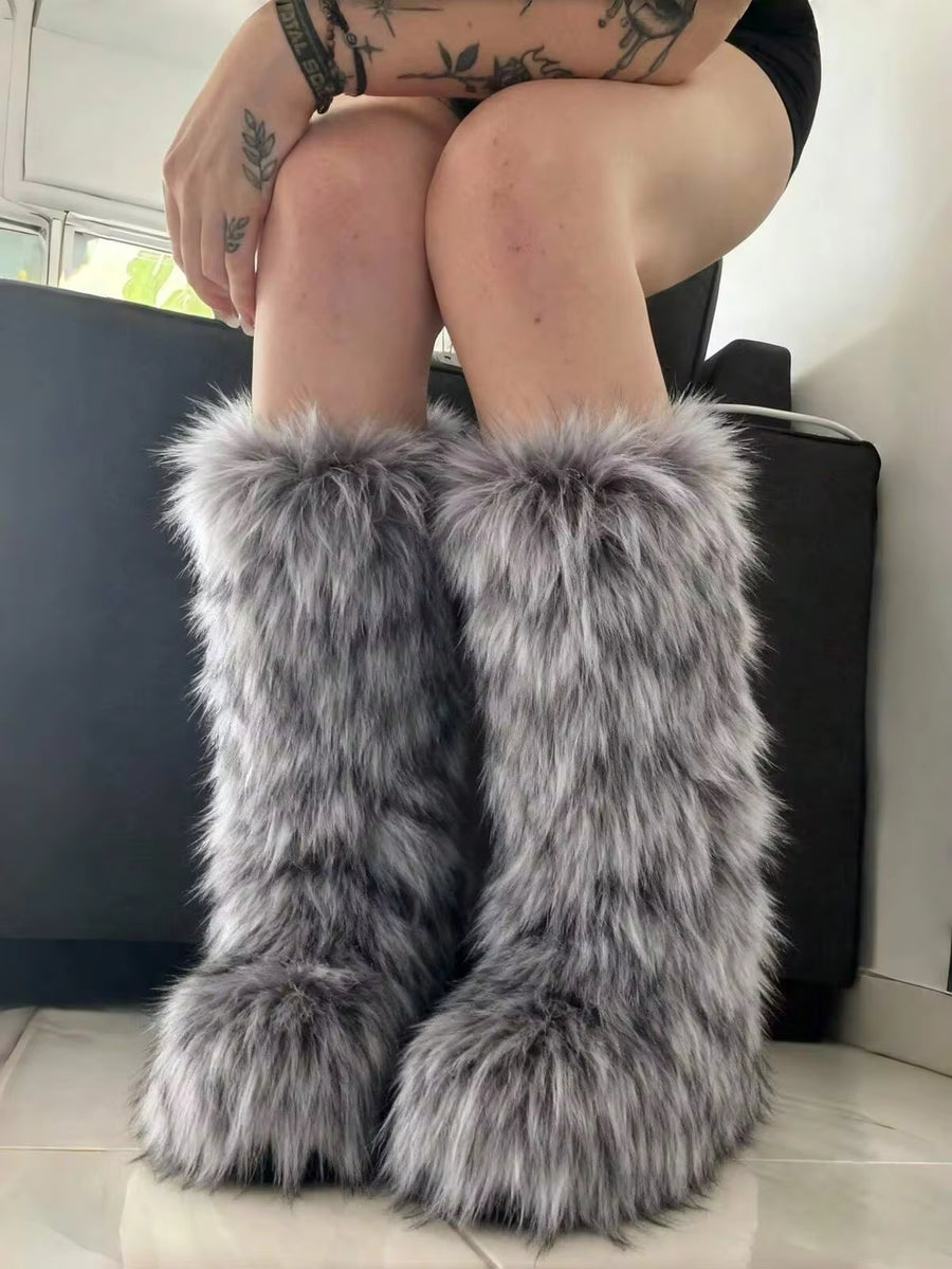 Women's Winter Furry Snow Boots Fuzzy Fluffy Round Toe Suede Booties Flat Heel Slip On Outdoor Indoor Shoes Fashion Warm Fluffy Shoes