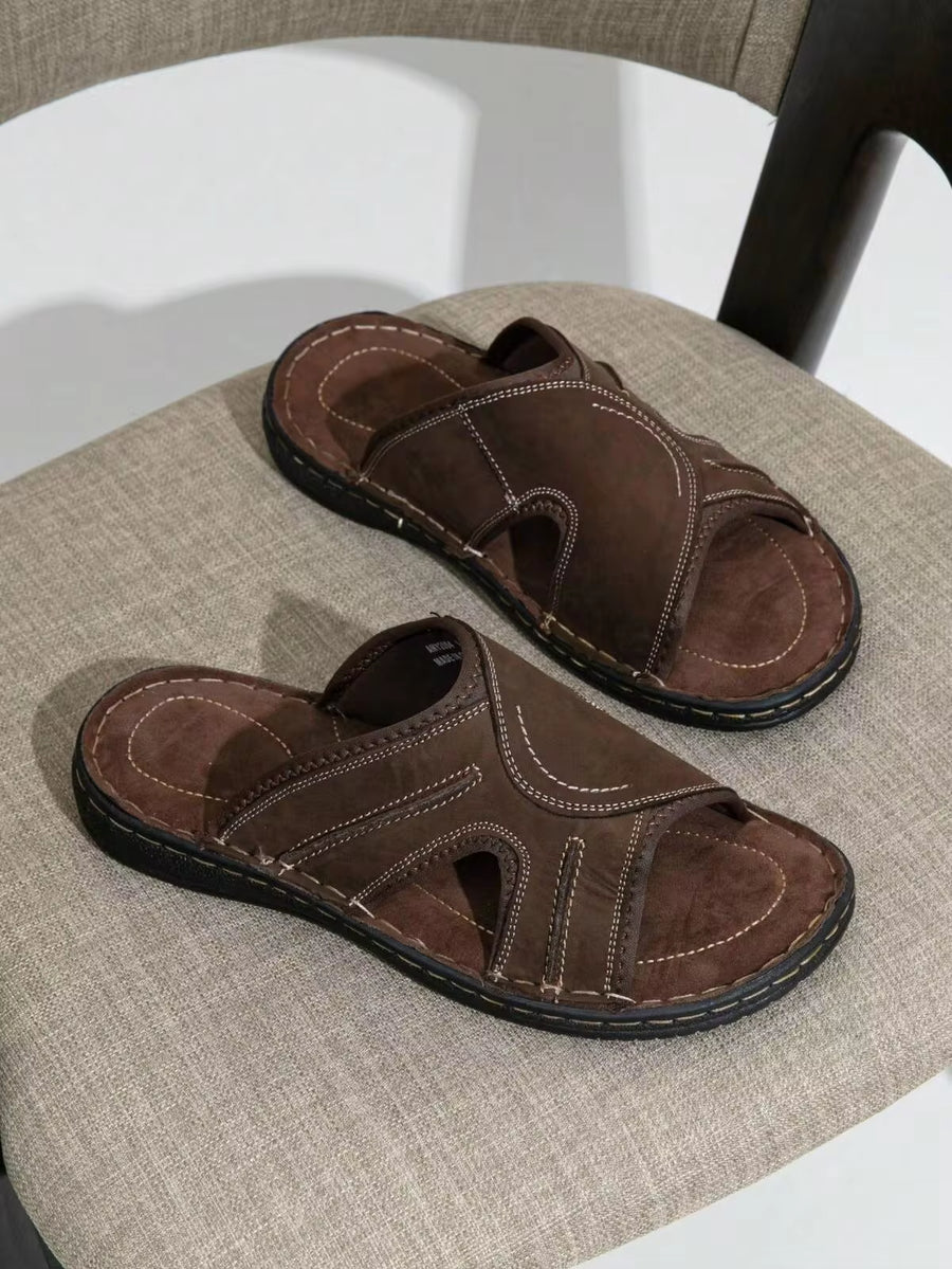 SHOESMALL Men's Leather Stylish Casual Sandals Arch Support Retro Fisherman  Slide Outdoor Brown Slippers